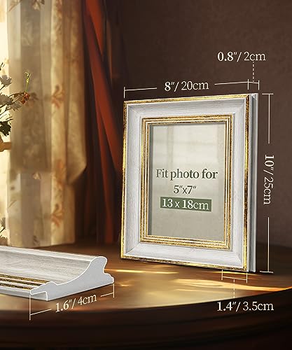 Afuly 5x7 Picture Frame Antique Vintage Photo Frame Retro White Gold Picture Frames for Desk Standing Wall Hanging Home De...