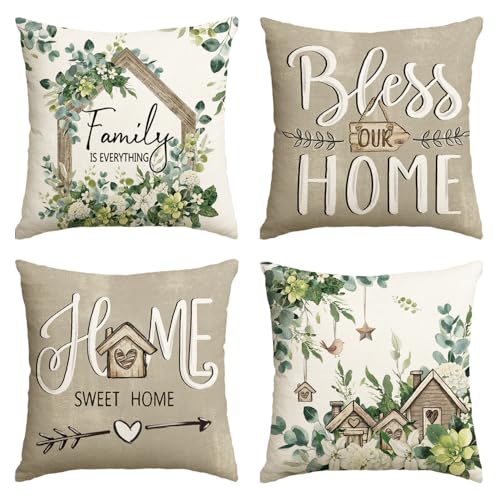 AVOIN colorlife Sweet Home Family is Everything Spring Floral Throw Pillow Covers, 18 x 18 Inch Seasonal Eucalyptus Flower...