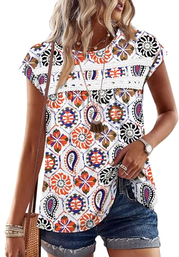 WIHOLL Womens Summer Tops Trendy 2026 Lace Crochet Cap Short Sleeve Shirts Crew Neck T Shirts Casual Loose Blouses