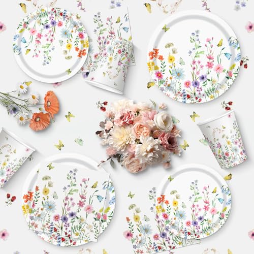 170 Pcs Spring Flower Birthday Party Decorations Sets, Includes Happy Birthday Banner, Floral Plates, Napkins, Cups, Plast...