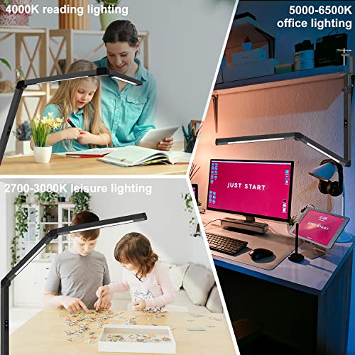 LED Desk Lamp with Clamp, Architect Desk Lamp with Dual Light and Adjustable Swing Arm, Clip-on Eye-Care 4 CCT Modes & 5 B...