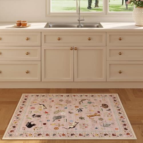 Rugcomf Door Mat Indoor Entrance 2x3 Rug Machine Washable Boho Floral Animal Cat Small Area Rug Non-Slip Low Pile Throw Ru...