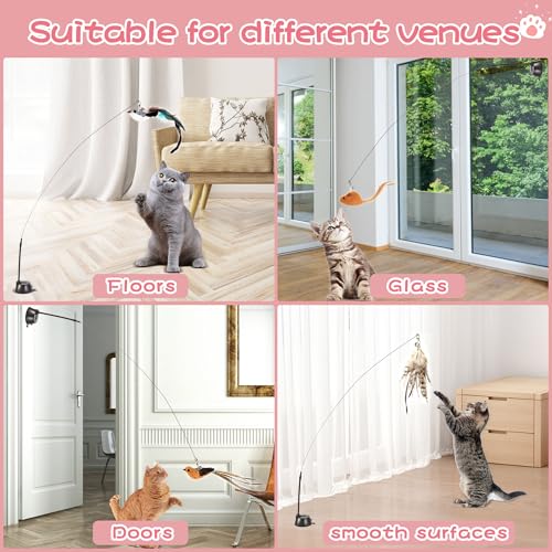 Maiguangta Interactive Bird Simulation Cat Toy Set,Cat Wand Toys,Wand Self-Holding Suction Cups Base,Include Detachable 6 ...