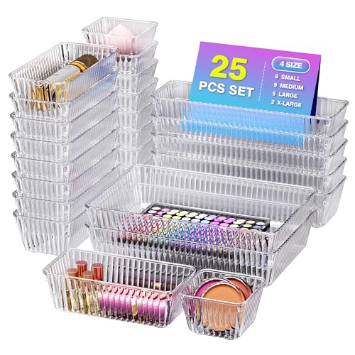 Okylvve 25 PCS Clear Plastic Drawer Organizer Set - 4 Sizes Makeup Organizer Desk Drawer Divider Bathroom Organizers and S...
