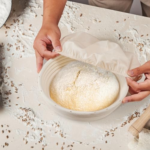 Dimpola Banneton Bread Proofing Basket - 9 inch Banneton Basket Set of 2 Sourdough Proofing Basket Round Proofing Bowls Ha...