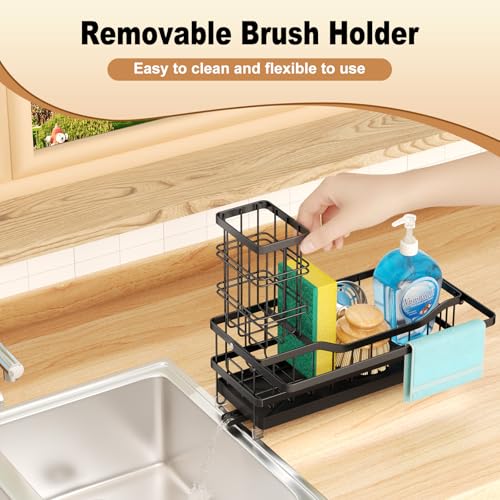 GUUKAR Sponge Holder for Kitchen Sink, Self-draining Sink Organizer with Towel Rack and Brush Holder, Metal Kitchen Sink O...