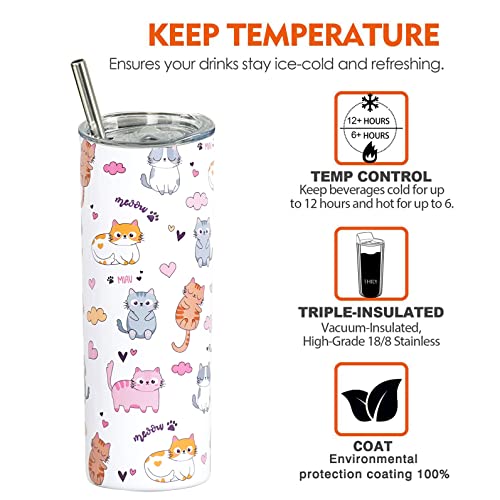 Heqianco Cat Lover Gifts For Women Cat Mom Gift Pussy Gifts For Girls Tumbler With Lid And Straw 20oz Stainless Steel Skin...