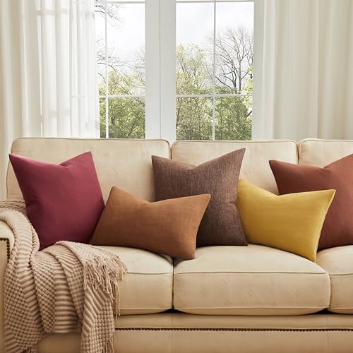 ZeeMart Rustic Cotton Linen Throw Pillow Covers Set of 2, 18x18 Inch Brown, Farmhouse Style Decorative Couch Pillow Cases ...