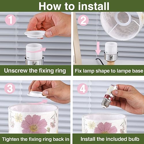 Floresita Dried Flowers Small Table Lamp 5W LED 3-Color Bedside Lamp Pressed Flowers Lampshade with Wood Base for Bedroom ...