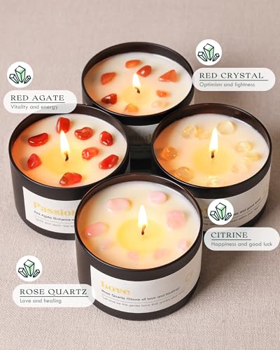 AOOVOO Crystal Energy Candles Set for Women - 4 Pack 26 oz Soy Wax Candles for Home Scented, 200 Hour Long Lasting Candle,...