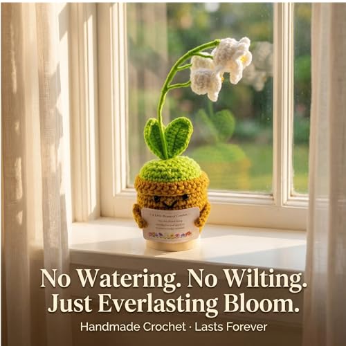 Xulvrax May Birth Flower Lily of the Valley Crochet Potted Plant Gift, Handmade Style with Wooden Base, Meaningful Birthda...