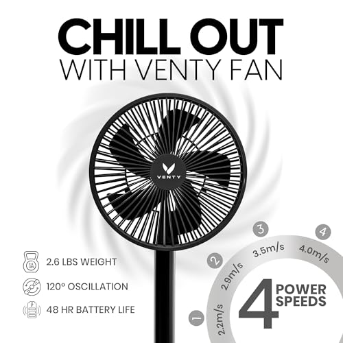 VENTY Portable Fan - Wireless Battery Operated Fan - 4 Speeds - LED Lighting - Carry Case & Remote Control - Cruise Travel...