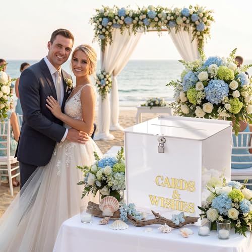 AerWo White Wedding Card Box with Lock, Acrylic Gift Card Box for Party with 3D Letters, Large Wedding Card Boxes for Rece...