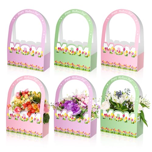 Ranfashiong 6 Pcs Mother's Day Flower Bouquet Paper Boxes Bulk with Long Handles for Florist Floral Gift Packaging for MOM...