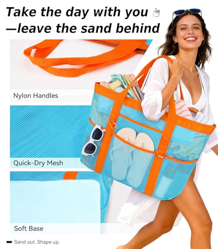 Yeendibo 2026 Chic & Spacious XX-Large Beach Bag for Women — Mesh × Canvas Tote with Top Zipper, 11 Pockets, Detachable Po...