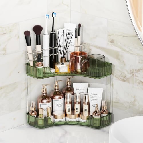 Asayuee 2-Tier Corner Bathroom Counter Organizer with Top Toothbrush Holders,Large Makeup Organizer Countertop with Brush ...