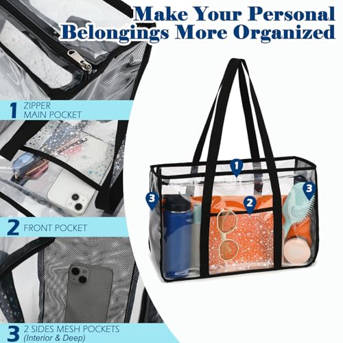 Fammart Clear Beach Bag for Women, Large Pool Tote Cruise Vacation Essentials - Zipper Closure, Waterproof, Sandproof
