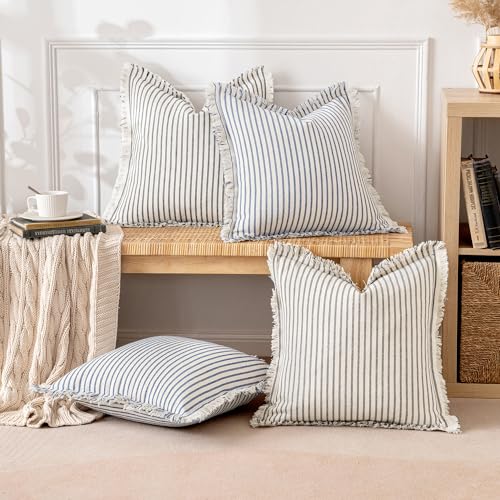 MIULEE Gray Pack of 2 Pillow Covers 18x18 Inch Striped Farmhouse Couch Throw Pillow Covers with Fringe Chic Linen Decorati...