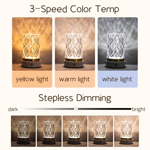MMHF Crystal Table Lamp, Portable LED Bedside Lamp Touch Control, 3 Color Modes Dimmable, USB Rechargeable Night Light, Wa...