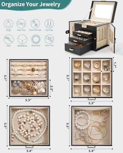 AKOZLIN 4-Tier Jewelry Box Leather Jewelry Storage Organizer with 3 Drawers Lockable for Women Girls Ring Necklace Earring...
