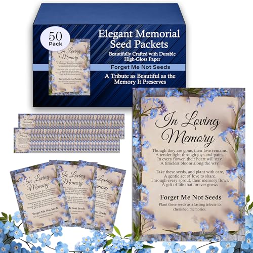 50pc Blue Premium Pre-Filled Forget Me Not Seeds Packets Favors for Funerals, Funeral Decorations, Celebration of Life Dec...