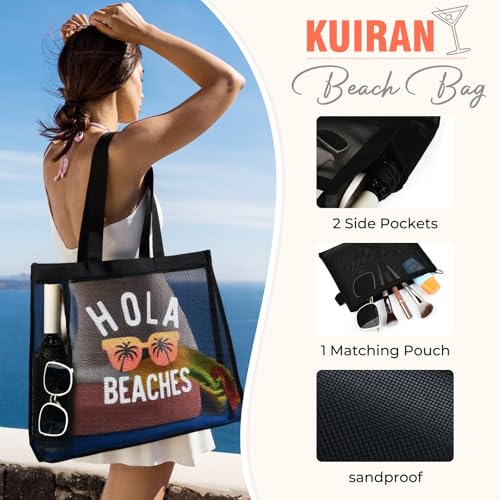 KUIRAN 30L Large Beach Bag with Pouch Foldable Sandproof Lightweight Mesh Tote Bag with Two Pockets for Swimming Travel