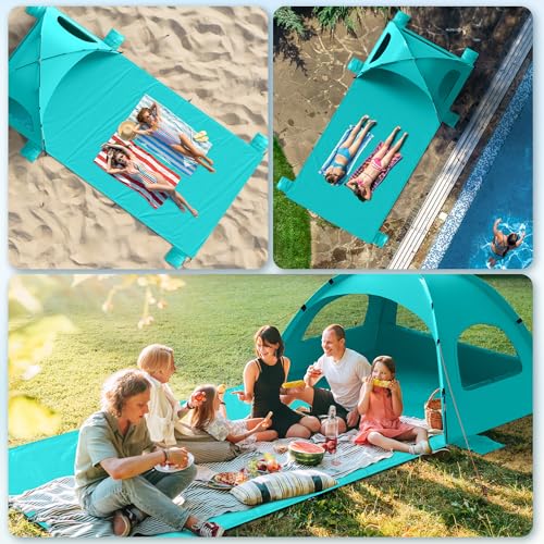 Beach Tent Sun Shelter with Extended Sand Mat 114×82inch，UPF 50+ Protection, 3 Double-Layer Windows for Enhanced Privacy; ...