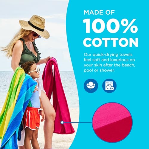 Kaufman - Soft Oversized Beach Towels in Bulk | 29" x 58" Velour Striped Towel | Absorbent, Quick-Drying | 100% Cotton Thi...