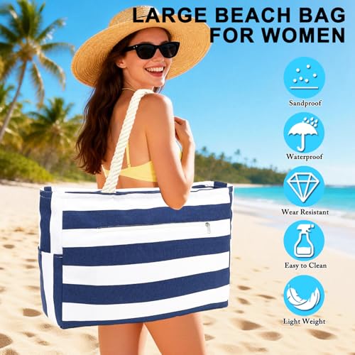 Fammart Large Canvas Beach Bag for Women, Beach Bags Waterproof Sandproof with Zipper & Wet Bag Cruise Essentials