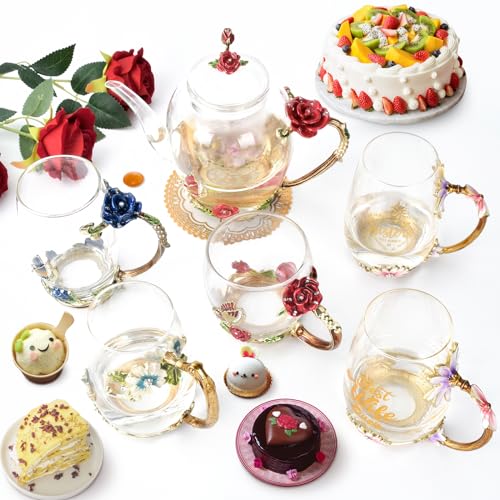 Enamel Glass Flower Tea Pot With Removable Loose Tea Leaf Infuser Tea Maker Teapot Set 30.4OZ Gifts for Women,Mom,Birthday