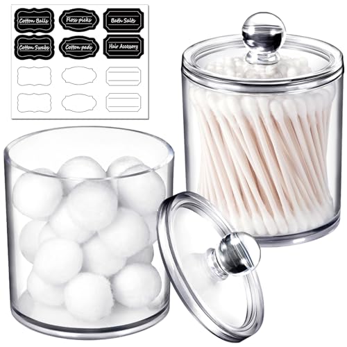 SheeChung Clear Acrylic Qtip Holder with Labels–Shatterproof Plastic Apothecary Jars for Bathroom Organization–Vanity Cott...