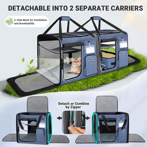 Petskd 2 in 1 Double Cat Car Travel Carrier with Litter Box, 38"x17"x18" Portable Dual Extra Large Cat Carrier for Multipl...