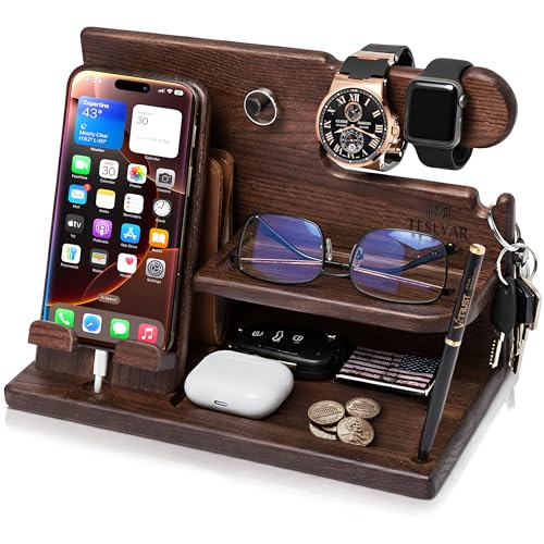 TESLYAR Wood Phone Docking Station for Men - Desk or Nightstand Organizer - Birthday Gifts for Husband, Dad - Anniversary ...