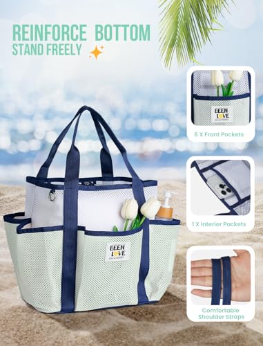 nemeki Mesh Beach Bag for Women Small Beach Tote Bag Sandproof Foldable Swim Pool Bag with 8 Pockets for Travel