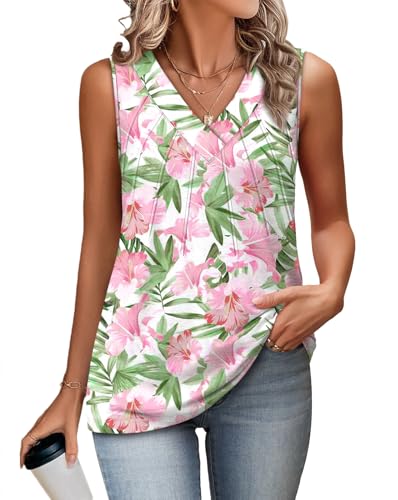 OFEEFAN Tank Tops for Women Loose Fit Sleeveless Shirts V Neck Summer Clothes Ruched Women's Tees and Tanks Straight Hem