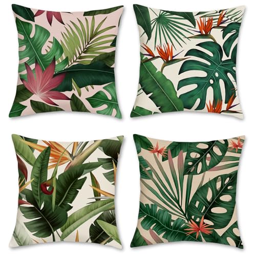 Bonhause Tropical Leaves Throw Pillow Covers 18x18 Set of 4 Green Palm Leaf Monstera Botanical Pillows Case Polyester Line...