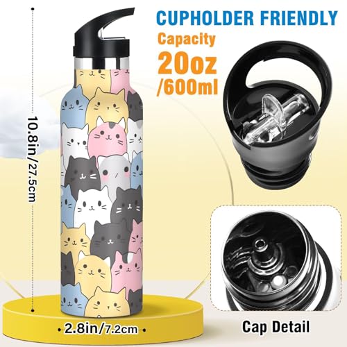 Cats Cute Animal Water Bottles for Boys Kids Stainless Steel Thermos Bottle Cups with Straw Lid Leakproof Insulated Flask ...