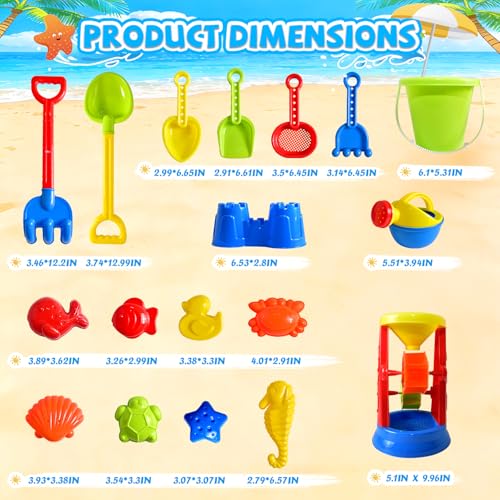 Beach Toys, 19 Piece Sand Toys Set Kids Sandbox Toys Includes Water Wheel Beach Tool Kit Bucket Watering Can Molds with Me...