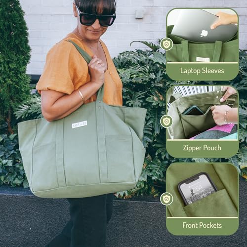 26L Harp + Ra XL Soft Unstructured Canvas Tote Bag for Women, Open Top, No Zipper, Laptop Sleeve, 3 Pockets, 23x18x7 in | ...