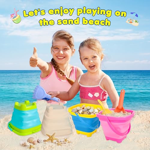 Xgunion Collapsible Beach Sand Bucket 3 Packs Foldable Buckets Set with Shovels & Mesh Bag Collapsible Beach Toys for Kids...