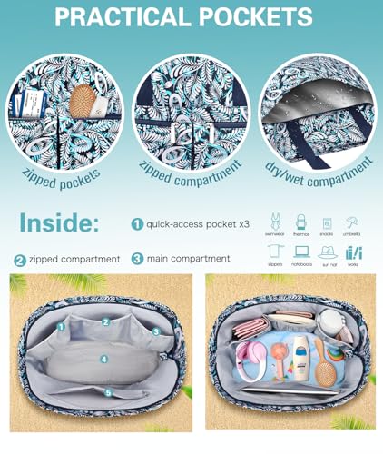 HUANLANG Large Beach Bags for Women Pool Bag with Zipper, Waterproof Sandproof Beach Tote Travel Bag with Wet Pocket | Wat...