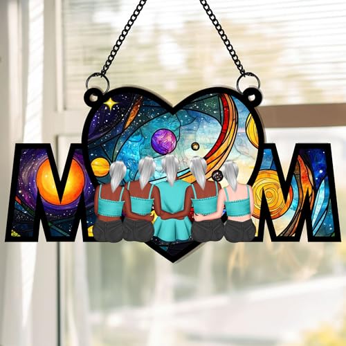 Personalized Heart-Shaped Suncatcher Window Hanging, Decorative MOM Sign with Sunset Scene