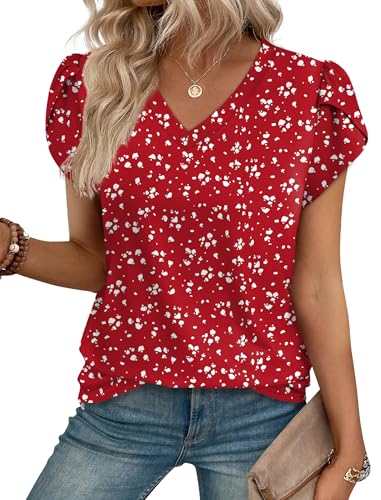 WIHOLL Womens Tops Dressy Casual Petal Sleeve Summer Spring Short Sleeve V Neck Shirts Work Business Vacation Clothes 2026