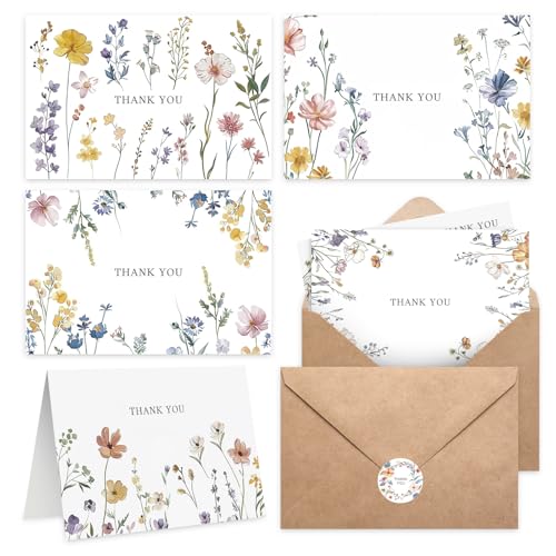 XXINMOH 102 PACK Floral Thank You Cards With Envelopes (4"x6") - Wildflower Blank Cards With Adhesive Envelopes & Matching...