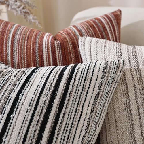 QDTTSRY Chenille Throw Decorative Pillow Covers 20x20 Set of 2, Textured Striped Boho Couch Pillow Covers, Cozy Neutral Fa...