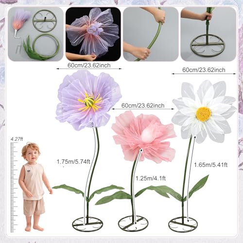 Leinuosen 3 Pcs Giant Flowers for Decoration 5.6 ft Large Organza Flowers with Stand for Spring Tea Bridal Shower Wedding ...