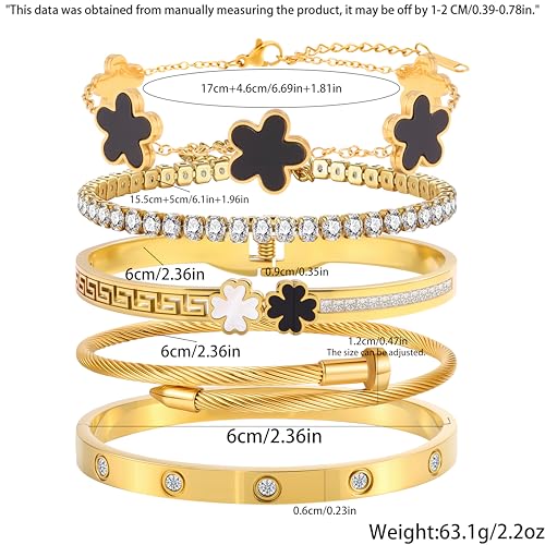 Camhanno 5pcs Gold Stackable Bracelet Set for Women - Stainless Steel Non-Tarnish Clover Lucky Charm Jewelry, Trendy Gift ...