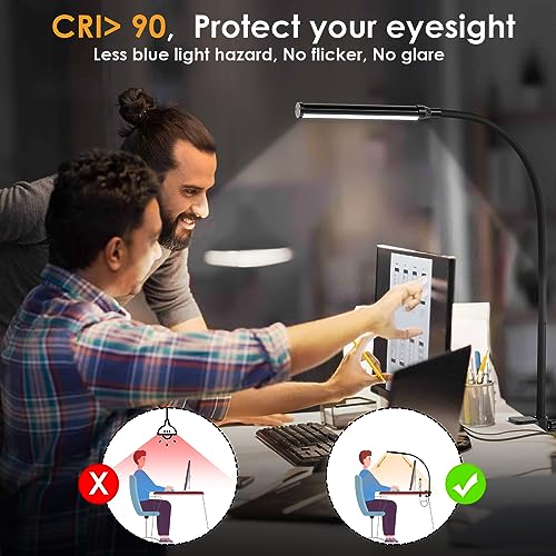 ShineTech LED Desk Lamp with Clamp, Clip On Desk Lamp for Home Office, 3 Color Modes & Stepless Dimming, Flexible Goosenec...