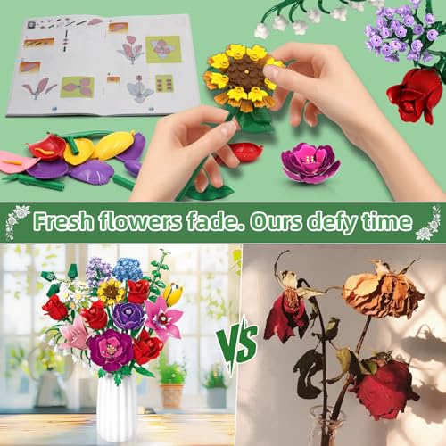kiothdre Flower Bouquet Set for Adults, Botanical Collection Building Block Toy with Roses Sunflower for Teen Girls, Artif...