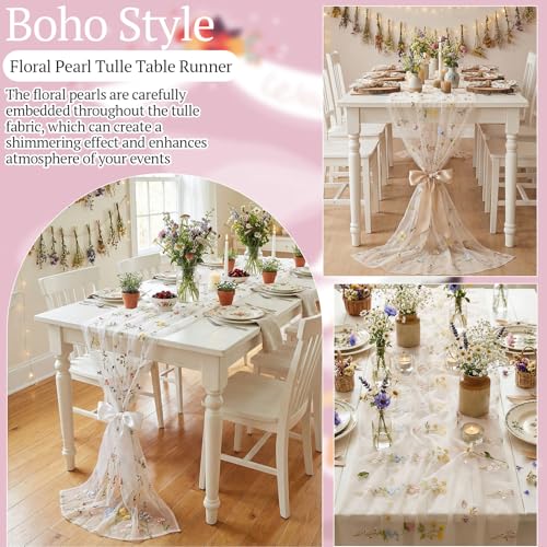 Lounsweer 3 Pcs Wildflower Table Runner 10ft/ 29 Inch x 120 Inch White Embroidery Wildflower Spring Summer Tulle Lace Runn...